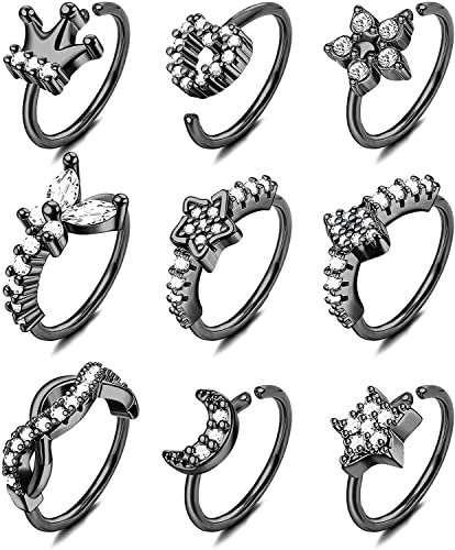 LOLIAS 9 Stücke 20G Nasenringe Nasenpiercing für Damen Herren Gepflastert CZ Schmetterling Stern Mond Nasenring Knorpel Helix Ohrringe Hoop Nase Piercing Schmuck Vergoldet Versilbert von LOLIAS