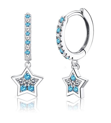 LOLIAS Silber 925 Huggie Creolen für Damen Mädchen Mit Herz Schmetterling Stern Hängend Bunte Zirconia Kleine Baumeln Tropfen Ohrringe Kinder von LOLIAS