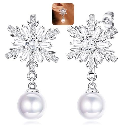 LOLIAS 925 Sterling Silber Schneeflocke Ohrringe für Frauen Weihnachten Schneeflocke Baumeln Ohrstecker Funkelnde Perle CZ Schneeflocke Hypoallergene Ohrringe Weihnachtsschmuck Weihnachtsgeschenke von LOLIAS