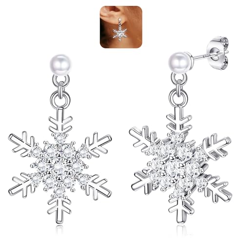 LOLIAS 925 Sterling Silber Schneeflocke Ohrringe für Frauen Weihnachten Schneeflocke Baumeln Ohrstecker Funkelnde Perle CZ Schneeflocke Hypoallergene Ohrringe Weihnachtsschmuck Weihnachtsgeschenke von LOLIAS