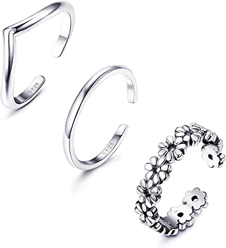 LOLIAS 925 Sterling Silber Zehenringe für Frauen Hypoallergen Einstellbare Offene Zehenringe Schwanz Finger Blumenringe Set 3 Stück Fußschmuck von LOLIAS