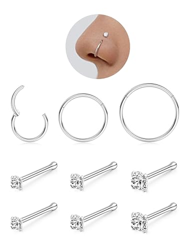 LOLIAS 9Pcs Nasenpiercing Chirurgenstahl Damen Herren 6/8/10MM 14K Silber Nasenpiercing Ring Nasenpiercing Stecker Septum Ringe Nose Nostril Piercing Nasenstecker Nasenring Piercing 20G von LOLIAS