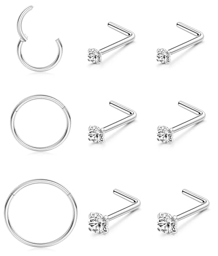 LOLIAS 9Pcs Nasenpiercing Chirurgenstahl Damen Herren 6/8/10MM 14K Silber Nasenpiercing Ring Nasenpiercing Stecker Septum Ringe Nose Nostril Piercing Nasenstecker Nasenring Piercing 20G von LOLIAS