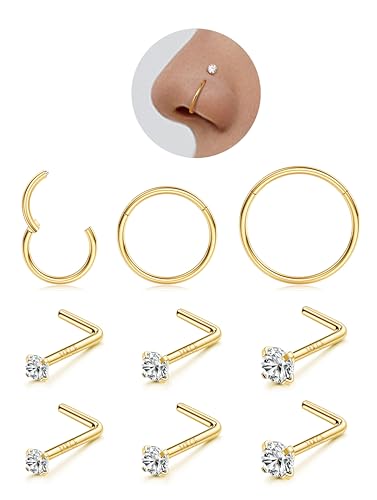 LOLIAS 9Pcs Nasenpiercing Chirurgenstahl Damen Herren 6/8/10MM 14K Gold Nasenpiercing Ring Nasenpiercing Stecker Septum Ringe Nose Nostril Piercing Nasenstecker Nasenring Piercing 20G von LOLIAS