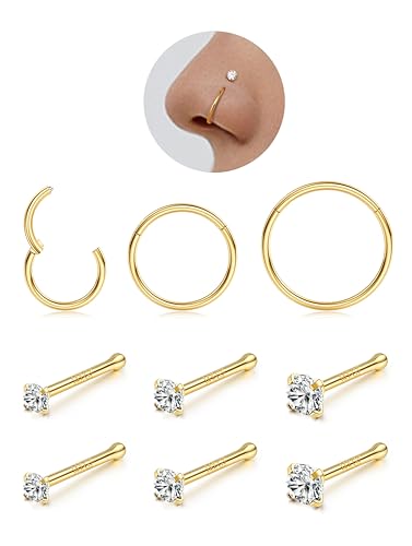 LOLIAS 9Pcs Nasenpiercing Chirurgenstahl Damen Herren 6/8/10MM 14K Gold Nasenpiercing Ring Nasenpiercing Stecker Septum Ringe Nose Nostril Piercing Nasenstecker Nasenring Piercing 20G von LOLIAS