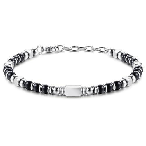 LOLIAS Armband Herren Perlenarmband Damen Obsidian Edelstein Armbänder Edelstahl Armband Beste Freundin Damen Geschenke Schmuck Armband Silber 4MM von LOLIAS