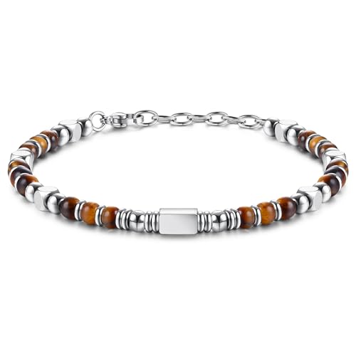 LOLIAS Tigerauge Perlenarmband Damen Edelstein Armbänder Herren Silber Edelstahl Perlenarmbänder Beste Freundin Damen Geschenke Schmuck Armband Silber 4MM von LOLIAS