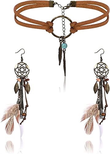 LOLIAS Boho Traumfänger-Ohrringe Drop Leder Choker Halskette Set für Frauen Handmade Retro Ohrringe Vintage Bohemian Feder Anhänger Dangle Ohrringe Stammes-Schmuck Geschenk von LOLIAS