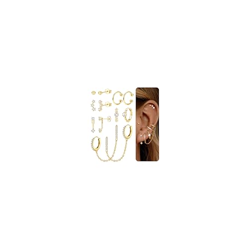 LOLIAS 14K Gold Ohrstecker Creolen für Damen Chirurgischer Hypoallergene Ohrstecker Kettenohrringe Ear Cuff Huggie Creolen für Damen Knorpel Helix Ohr Piercing Ohrringe Sets für Mehrere Piercings von LOLIAS