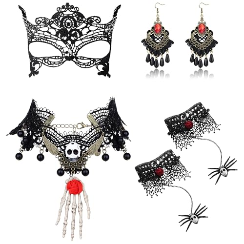 LOLIAS 4-5 PCS Schwarze Spinne Choker Halskette mit Armband und Anhänger Ohrringe Gothic Vintage Set für Damen Halloween Vampir Steampunk Hochzeit Party Mascarade Kostüm Schmuck Sets von LOLIAS