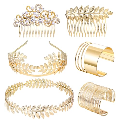 LOLIAS Griechische Göttin Kostümzubehör für Damen und Herren, goldene Lorbeerblatt-Krone, Tiara, Stirnband, Spulenarmband, Braut-Haarschmuck, Kopfschmuck für Hochzeit von LOLIAS