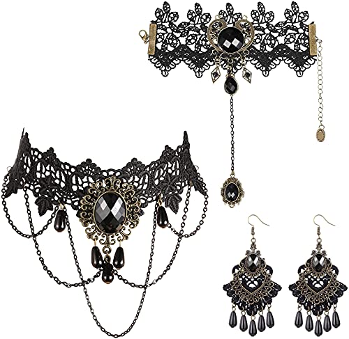 LOLIAS Halloween Halskette Armband Ohrringe Set für Frauen Schwarze Spitze Lolita Steampunk Vampire Viktorianische Gothic Weihnachten Kostüm Schmuck Set von LOLIAS