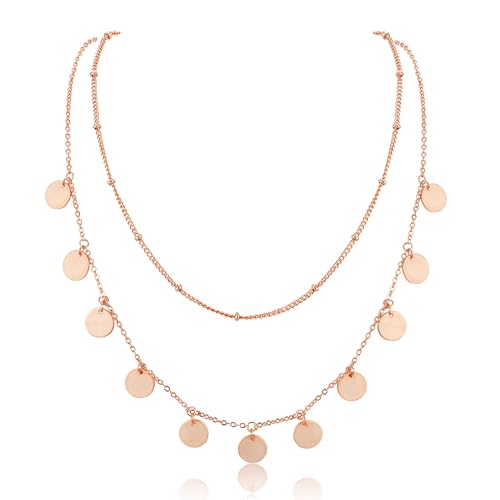 LOLIAS Kette Gold Damen Layering Halskette Damen 18k Vergoldet Silber & Rosegold Wasserfest Lange Ketten mit Anhänger for Frauen Doppel Mehrreihige Zarte Goldene Kette Damen Rund Plättchen Schmuck von LOLIAS