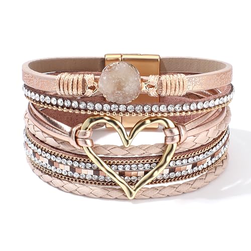 LOLIAS Lederarmband Damen Mädchen Boho Herz Armband Damen Leder Armbänder Perlenarmband Magnetverschluss Kette Frauen Armband Schwarz Wickelarmband Indianer Modeschmuck von LOLIAS