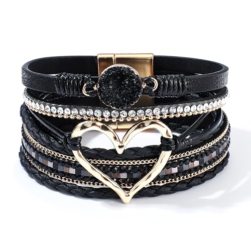 LOLIAS Lederarmband Damen Mädchen Boho Herz Armband Damen Leder Armbänder Perlenarmband Magnetverschluss Kette Frauen Armband Schwarz Wickelarmband Indianer Modeschmuck von LOLIAS