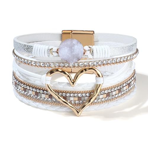 LOLIAS Lederarmband Damen Mädchen Boho Herz Armband Damen Leder Armbänder Perlenarmband Magnetverschluss Kette Frauen Armband Schwarz Wickelarmband Indianer Modeschmuck von LOLIAS