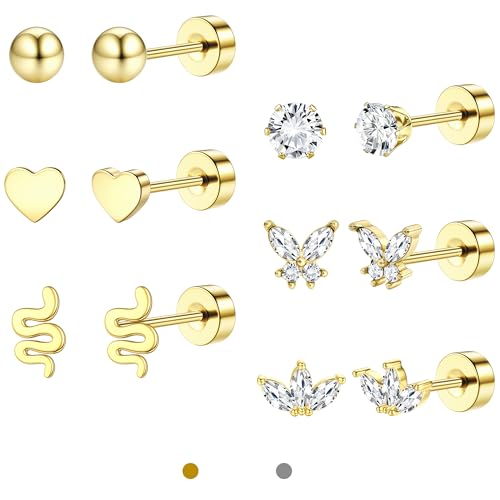 LOLIAS Ohrstecker Gold 14K Vergoldet für Damen Klein Ohrringe Chirurgenstahl Ohrringe Stecker Zirkonia Hypoallergene Piercing Ohr Knorpel Helix Conch Für Mehrfachpiercing von LOLIAS