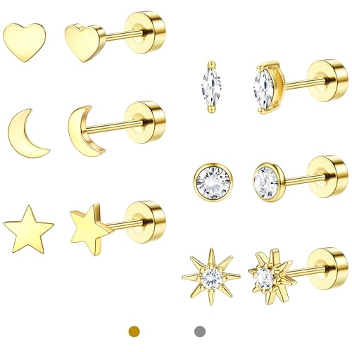 LOLIAS Ohrstecker Gold 14K Vergoldet für Damen Klein Ohrringe Chirurgenstahl Ohrringe Stecker Zirkonia Hypoallergene Piercing Ohr Knorpel Helix Conch Für Mehrfachpiercing von LOLIAS