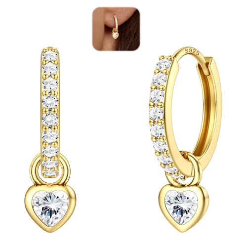 LOLIAS Silber Creolen Frauen mit Herz baumeln Tropfen Leichte 925 Sterling Silber Huggie Creolen mit abnehmbarem CZ Herz Hypoallergene Schlafohrringe für Frauen Mädchen GOCZ von LOLIAS