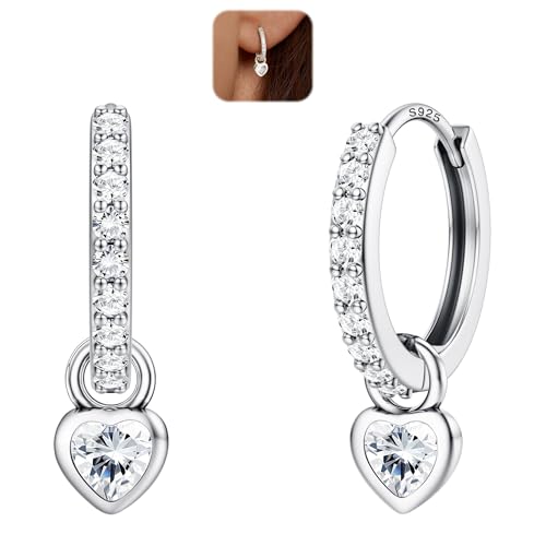 LOLIAS Silber Creolen Frauen mit Herz baumeln Tropfen Leichte 925 Sterling Silber Huggie Creolen mit abnehmbarem CZ Herz Hypoallergene Schlafohrringe für Frauen Mädchen SICZ von LOLIAS