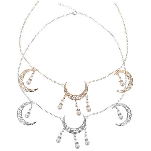 LOLIPPYY 2 Stück Boho Haar Schmuck Damen Stirnband mit Mond Anhänger Glanz Kopfschmuck Hochzeit Festival Accessoires Elegant und Leicht für Frauen von LOLIPPYY