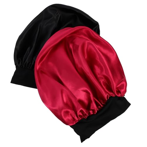 LOLIPPYY 2 Stück Elastische Satin Haube für Damen zum Schlafen und Haarschutz Große Rundkappe Vielseitige Nacht und Duschhaube in Weinrot und Schwarz Weich und Rutschfest von LOLIPPYY