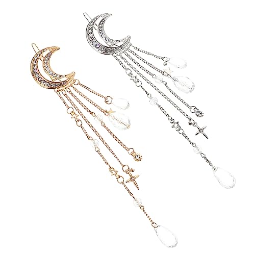 LOLIPPYY 2 Stück Strass Haarnadeln mit Mond und Sternanhänger Leichter Haarschmuck für Damen Vielseitig Einsetzbar bei Hochzeit Party Alltag in Gold und Silber von LOLIPPYY