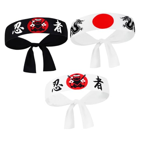 LOLIPPYY 3 STÜCKE Teiliges Japanisches Ninja Stirnband für Erwachsene Atmungsaktive Karate Kopfbänder mit Traditionellem Samurai Design Vielseitig für Sport Kostüm und Alltag Komfortabel von LOLIPPYY