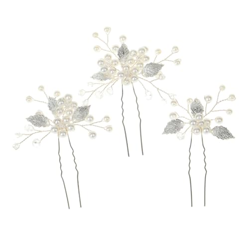 LOLIPPYY 3 Stück Teiliges Haarschmuck Braut Perlen Haarnadeln Blattdesign Silber U Förmig für Hochzeit Abschlussball Festliche Anlässe Eleganter Brautschmuck für Damen und Mädchen von LOLIPPYY