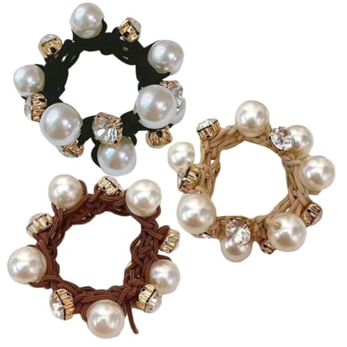 LOLIPPYY 3 Stück Teiliges Perlen Haargummi Elastische Haarbänder mit Elegantem Perlen Design Ponytail Halter für Damen in Khaki Kaffee und Schwarz Stilvoller Haarschmuck für Alltag und von LOLIPPYY