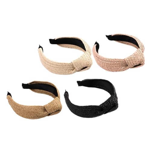LOLIPPYY 4 Stück Teiliges Geflochtenes Raffia Haarband Damen Leichte Hautfreundliche Farbechte Stirnbänder in Schwarz Gelb und Beige Modischer Haarschmuck für Alltag und Festival von LOLIPPYY