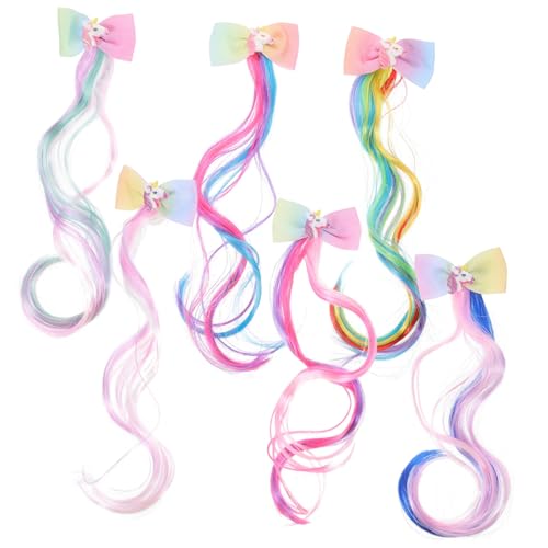LOLIPPYY 6 Stück Teiliges Bunte Haarverlängerungen mit Schleifen Clip Schonende Haarsträhnen für Mädchen Einfaches Anbringen Modischer Haarschmuck für Geburtstage Partys Festivals und von LOLIPPYY