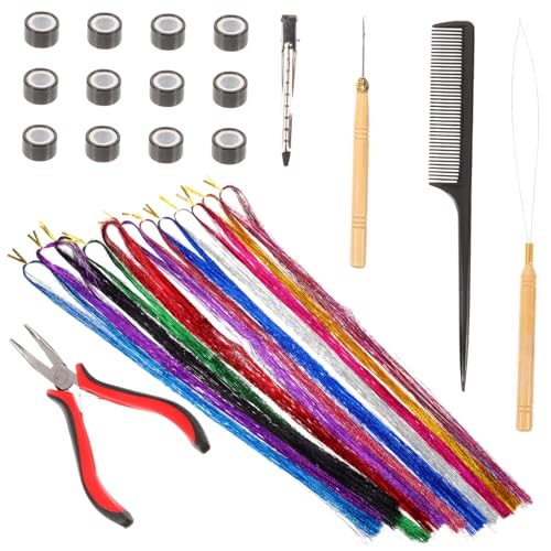 LOLIPPYY Farben Hair Tinsel Extensions mit Silikon buckles und Holz häkelnadel DIY Glitzer haarsträhnen für Cosplay Partys und Bunte Frisuren Einfaches Haarzubehör für Mädchen und von LOLIPPYY