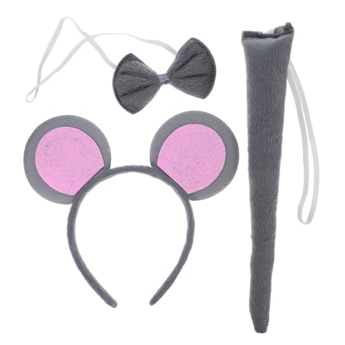 LOLIPPYY Graues Mausohren Stirnband Set Teilig mit Fliege und Weiches Cartoon Tier Haarreif für Kostüm Party Hochzeiten Niedliches Rattenkostüm Zubehör Cosplay Halloween von LOLIPPYY