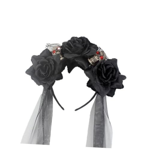 LOLIPPYY Halloween Haarschmuck Schädel Stirnband mit Künstlichen Blumen Party Kostüm Zubehör für Schwarzes Halloween Haarreif für Karneval und Maskerade von LOLIPPYY