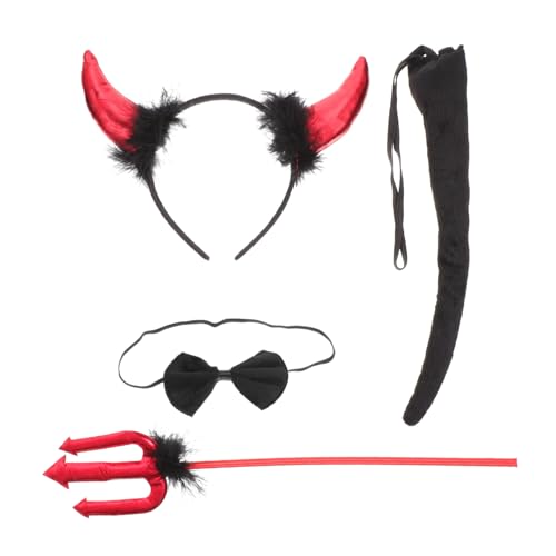 LOLIPPYY Halloween Teufel Kostüm Set mit Roten Stoffhörnern Schwarzem Plüsch Teufelshörner Haarreif Fliege Robuster Cosplay Zubehör für Damen Herren Teens bei Party und Festival von LOLIPPYY