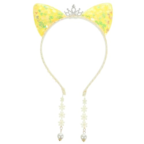 LOLIPPYY Katzenohren Haarreif mit Pailletten und Perlenanhänger Komfortables Leichtes Stirnband für Mädchen Dekoratives Cosplay Accessoire für Karneval und Party Gelb von LOLIPPYY