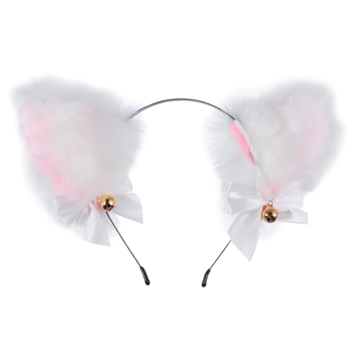LOLIPPYY Kuscheliger Katzenohren Haarreif mit Glöckchen und Schleife Plüsch Kopfband für Mädchen Cosplay Kostüm und Party Zubehör Weiß rosa Design von LOLIPPYY