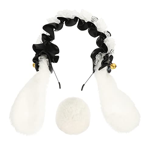LOLIPPYY Lolita Hasenohren Haarreif und Teiliges Kaninchen Cosplay Kostüm Zubehör mit Spitzenband Flauschige Tierohren Kopfbedeckung für Karneval und Fasching Weiß und Schwarz von LOLIPPYY