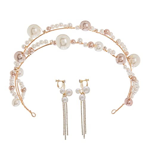 LOLIPPYY Perlen Stirnband Ohrringe Set Haarkrone Ohrringe Braut Stirnband Braut Haarschmuck Hochzeit Haarschmuck Runde Perlen Ohrschmuck Krone Für Party Hochzeit von LOLIPPYY