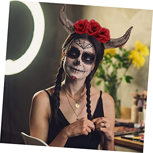 LOLIPPYY Rotes Horn Haarreif mit Rosenblüten Day Of The Dead Kopfschmuck Festival Haarschmuck für Damen Geeignet für Kostümpartys Cosplay Maskerade und Fotoshootings von LOLIPPYY