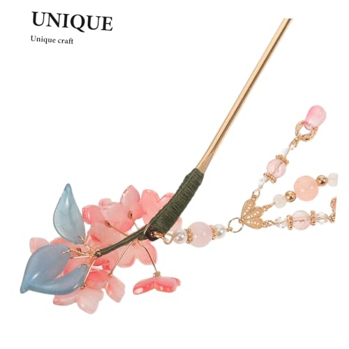 LOLIPPYY Vintage Chinesischer Haarstab mit Blumenquaste Lang Leicht Eleganter Haarschmuck für Hanfu Cheongsam Hochzeit Damen Traditionelles Design Rosa von LOLIPPYY