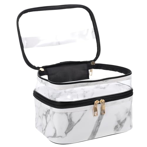 LOLIPPYY Zipper Kosmetiktasche PVC Transparent Doppeltes Fach Reise Kulturbeutel mit Griff Weißer Marmor Leicht Zu Reinigen Toilettentasche Organizer Für Make Up Und Hautpflege von LOLIPPYY