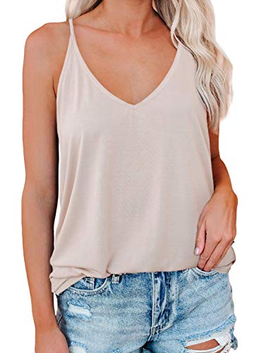 LOLONG Damen Sexy V-Ausschnitt Spaghetti-Träger-Shirts Solid Tank Tops - Beige - XX-Large von LOLONG