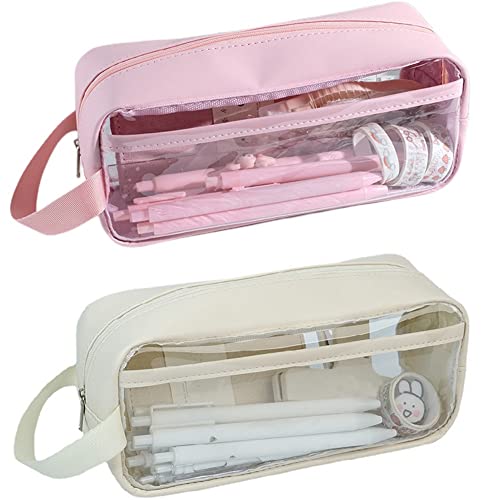 LOLPALONE 1Set Transparentes Federmäppchen, Japanisches Federmäppchen mit Großem Fassungsvermögen, Hochwertiges Federmäppchen für Mädchen, Weiß und Rosa von LOLPALONE