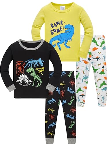 LOLPIP Jungen Pyjamas 4-teiliges Set Kinder Kleidung 100% Baumwolle Nachtwäsche Dinosaurier gedruckt Nachtwäsche Langarm 10 Jahre von LOLPIP