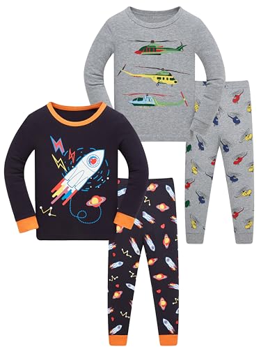 LOLPIP Jungen Pyjamas 4-teiliges Set Kinder Kleidung 100% Baumwolle Nachtwäsche Flugzeug Rakete gedruckt Nachtwäsche Langarm 12 Jahre von LOLPIP