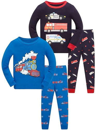 LOLPIP Jungen Pyjamas 4-teiliges Set Kinder Kleidung 100% Baumwolle Nachtwäsche Zug Autos Gedruckte Nachtwäsche Langarm 4 Jahre von LOLPIP
