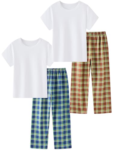 LOLPIP Jungen Pyjamas 4-teiliges Set Kinder Kleidung Stretch gerippte Baumwolle Nachtwäsche Weiß Top Karierte Hosen Nachtwäsche 5 Jahre von LOLPIP