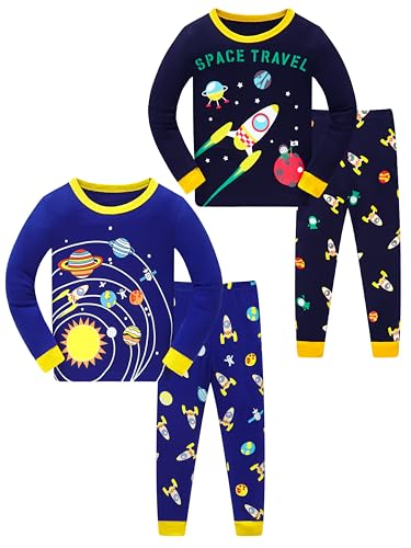 LOLPIP Jungen Pyjamas 4-teiliges Set Kleinkind Kleidung 100% Baumwolle Nachtwäsche Rocket Printed Nachtwäsche Langarm 3 Jahre von LOLPIP